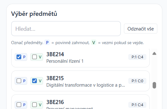 Výběr předmětů